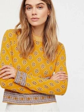 Free People Mustard New Age Print Knit Long Sleeve Top Size Small